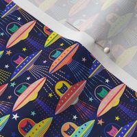 Intergalactic Cats Small- 10 cm width- Vintage 80s Arcade- Space Cat- UFO- Multicolored with Navy Blue Background- Small Scale- Kid's- Geek- Novelty Children