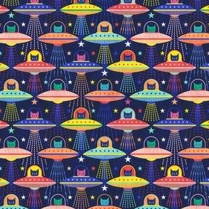 Intergalactic Cats Small- 10 cm width- Vintage 80s Arcade- Space Cat- UFO- Multicolored with Navy Blue Background- Small Scale- Kid's- Geek- Novelty Children