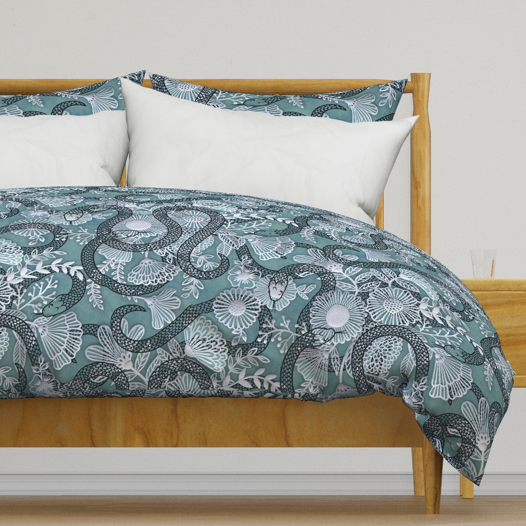 Snakes in the Garden- Teal- Black Serpents in a Papercut Garden- Novelty Lace Floral
