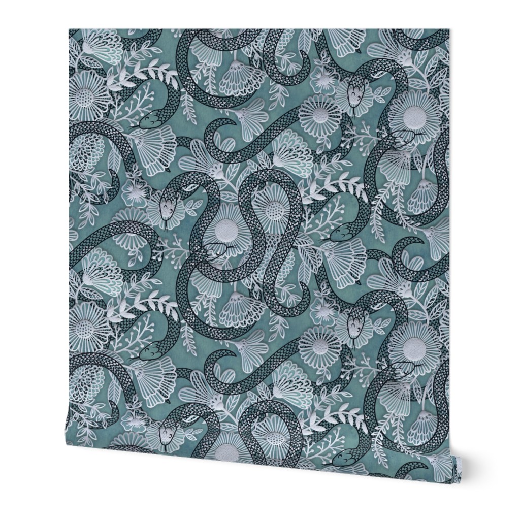 Snakes in the Garden- Teal- Black Serpents in a Papercut Garden- Novelty Lace Floral