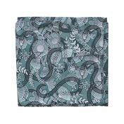 Snakes in the Garden- Teal- Black Serpents in a Papercut Garden- Novelty Lace Floral