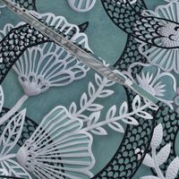 Snakes in the Garden- Teal- Black Serpents in a Papercut Garden- Novelty Lace Floral