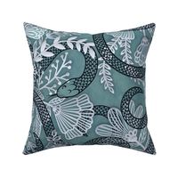 Snakes in the Garden- Teal- Black Serpents in a Papercut Garden- Novelty Lace Floral