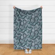 Snakes in the Garden- Teal- Black Serpents in a Papercut Garden- Novelty Lace Floral