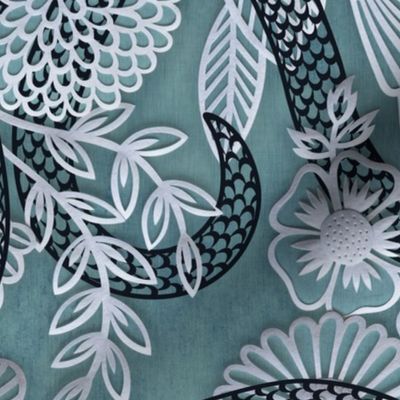 Snakes in the Garden- Teal- Black Serpents in a Papercut Garden- Novelty Lace Floral