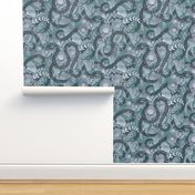 Snakes in the Garden- Teal- Black Serpents in a Papercut Garden- Novelty Lace Floral