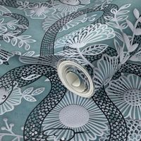 Snakes in the Garden- Teal- Black Serpents in a Papercut Garden- Novelty Lace Floral