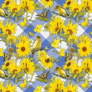 Birds, Bees, Butterflies and Sunflowers on Blue Gingham 