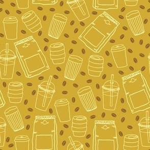 Jumbo coffee supplies line drawing cups coffee beans and bags mustard yellow