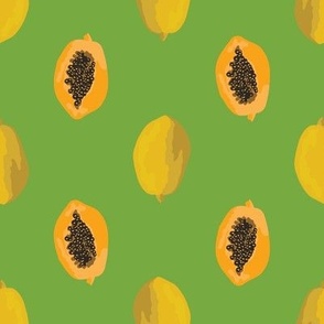 Pawpaw fruit papaya tropical fruit yellow orange black seeds on green jumbo