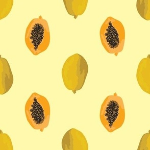 Pawpaw fruit papaya tropical fruit yellow orange black seeds on cream jumbo