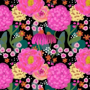 Floral Print - Large Bright Pink Flowers Against Black Background - "Flower Power"