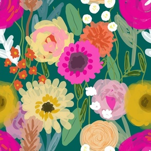 Floral Print - Large Pink, Peach, and Yellow Mixed Flowers - Green Background - "Joyful Garden"