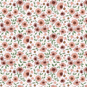 Peach Daisies and Green Leaves on White Background Drawing Vector Pattern