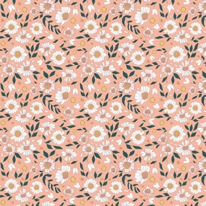 Regular Daisies and Green Leaves on Peach Background Drawing Vector Pattern
