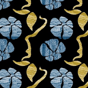 Catalogne Digital Imitation patchwork Blue Flowers on black with gold
