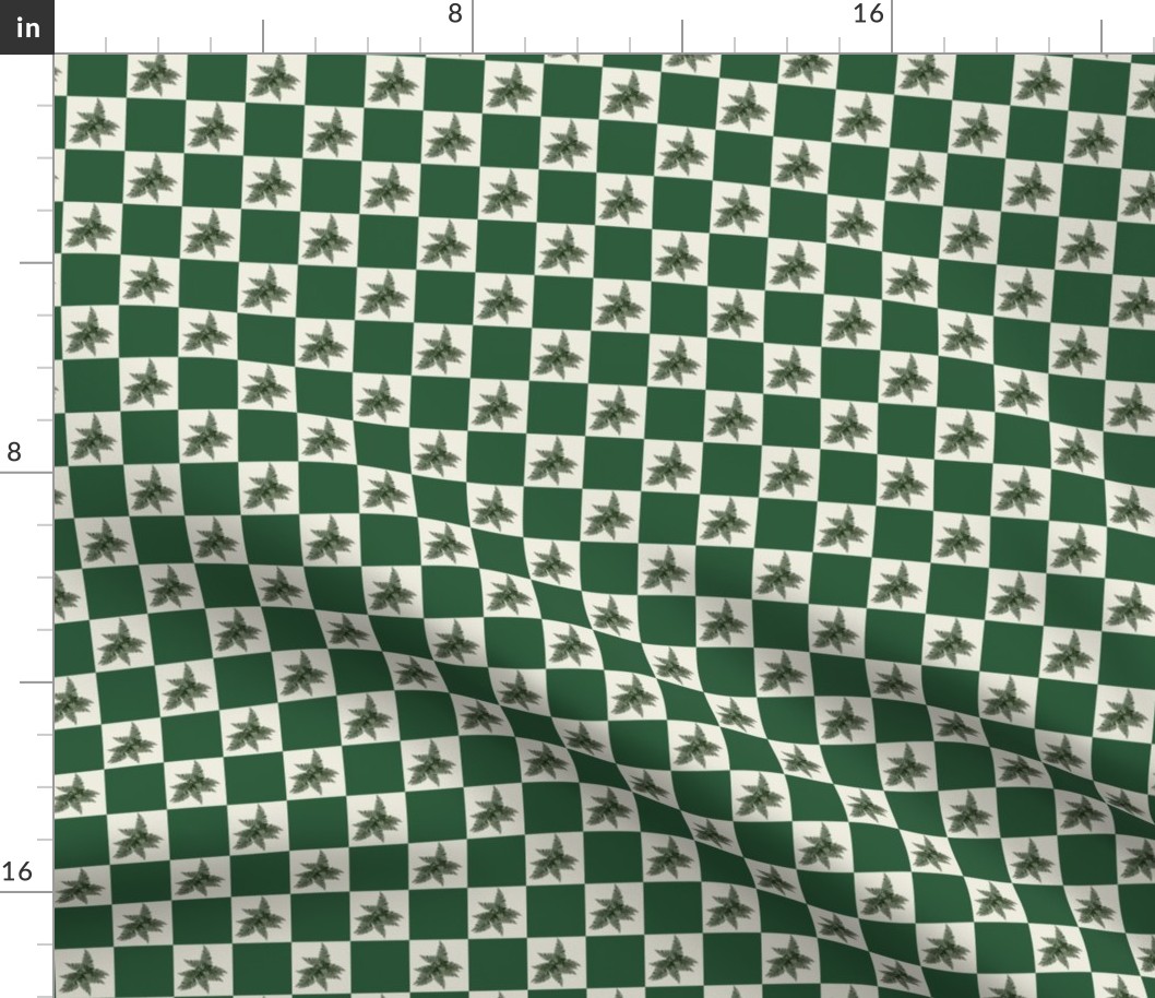 Woodland Ferns on Green and Cream Background//Checkered pattern, tablecloth, pillows, quilts, bed decor