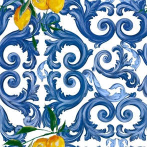 Baroque leaf,majolica,blue Sicilian art,lemons,