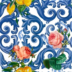 Baroque leaf,majolica,blue Sicilian art,lemons,roses 