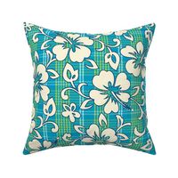 Palaka Pareau Hawaiian Check Hibiscus Print - Teal