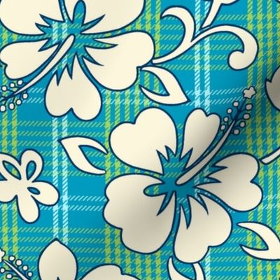 Palaka Pareau Hawaiian Check Hibiscus Print - Teal