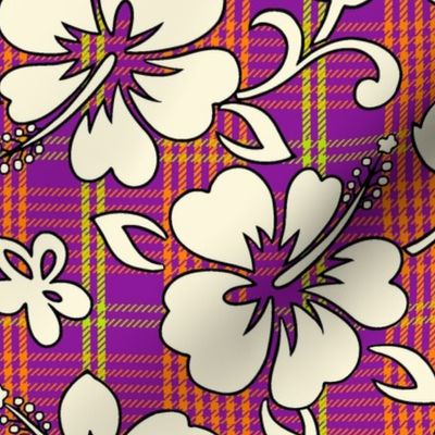 Palaka Pareau Hawaiian Check Hibiscus Print - Violet