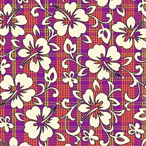 Palaka Pareau Hawaiian Check Hibiscus Print - Violet