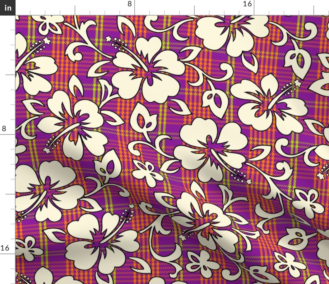 Palaka Pareau Hawaiian Check Hibiscus Print - Violet