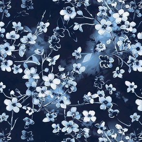lose off white watercolor  flowers  on midnight blue - medium scale