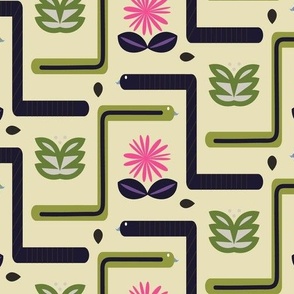 Fun snake design with flowers on green background