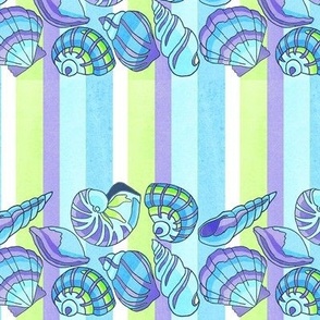 Exotic Shells, Stripes- watercolor, cool, multicolors, blue, turquoise, lavender, lime, white