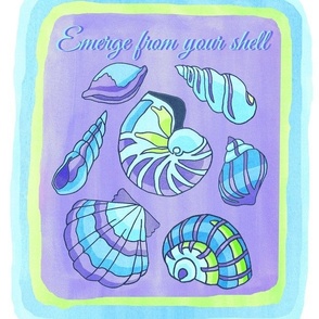 Exotic Shells-"Emerge from Your Shell"- watercolor, cool, multicolors, blue, turquoise, lavender, lime, white