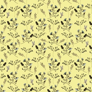 Small Handpainted Bluebells and Bluebirds Floral Pattern Flowers in Butter Yellow