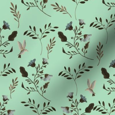 Small Handpainted Bluebells and Bluebirds Floral Pattern in Mint