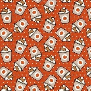 (small scale) Pumpkin Spice Doggy Coffee Treats - khaki on orange - LAD22