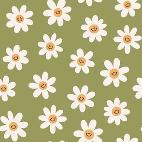 Groovy daisy flowers. Green background