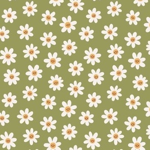 Groovy daisy flowers. Green background. Small scale