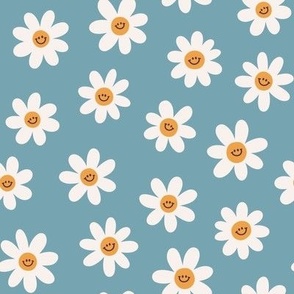 Groovy daisy flowers. Blue background