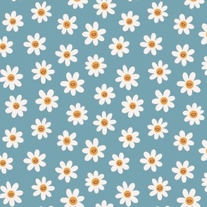 Groovy daisy flowers. Blue background. Small scale