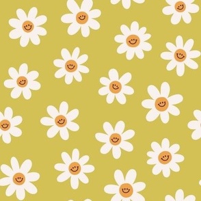 Groovy daisy flowers. Yellow background