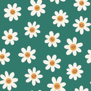 Groovy daisy flowers. Emerald background