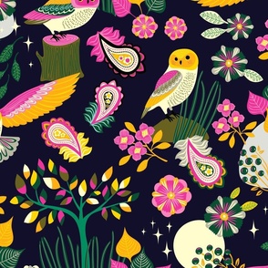 large scale - Owls in the night - black, yellow, pink