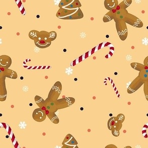 Christmas cookies, candy canes and gingerbread men on a vanilla background with red and black polka dots and snowflakes. Medium 8 in