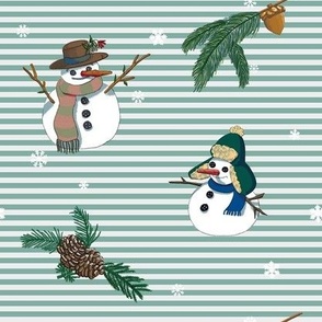 Fun snowmen and pine branches, pine cones and fir trees on a green and white striped background. Medium 8 in.
