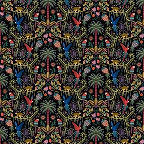 Joyful jungle with parrots, monkeys, palms and exotic flowers - bright & colourful on black - medium