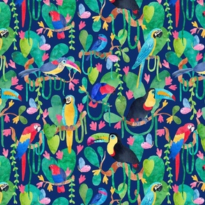 Amazon Bird Paradise on blue - medium-large scale