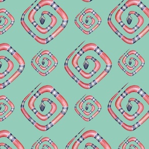 Coral snakes geometric pattern on mint green background