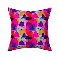 Bold watercolour handdrawn geometric shapes with ink flicks in bright pinks, mint and midnight blue small