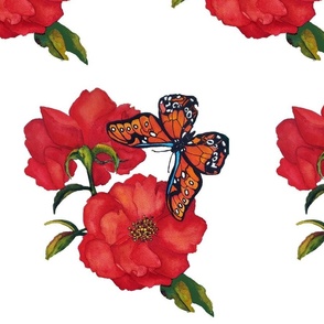 406c. LARGE Red Blooms and Butterfly on White 