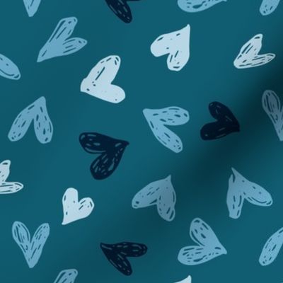 Scribble Hearts Blue Teal Monochrome (large) || valentine love sweetheart lovecore pattern